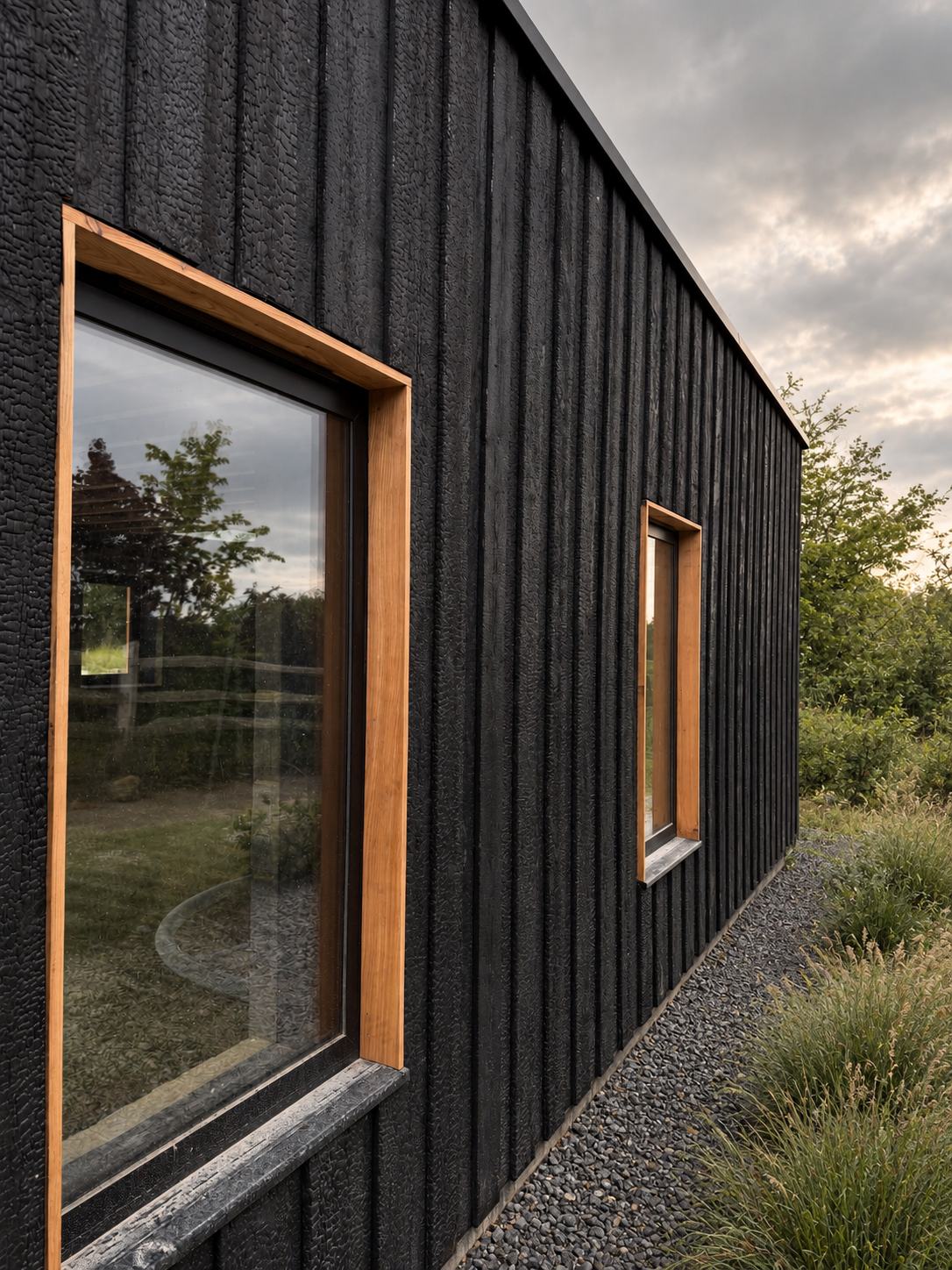 Black charred timber façade with timber-framed windows in a landscaped outdoor setting